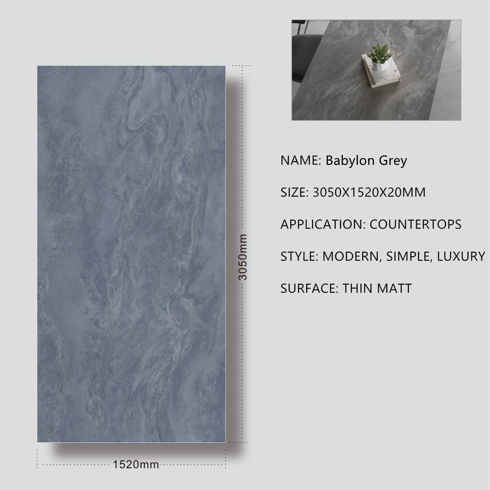 1. Babylon Grey Sintered Stone Thin Matt 20mm