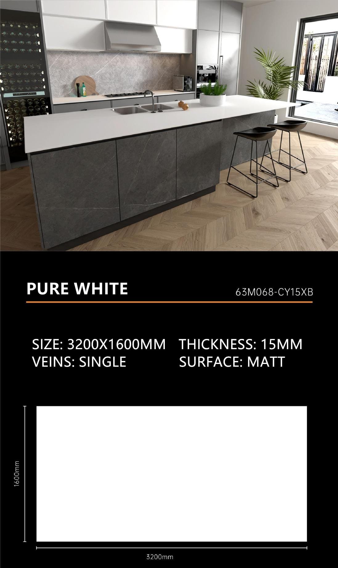 1. Pure White Sintered Stone Matt 15mm Slab