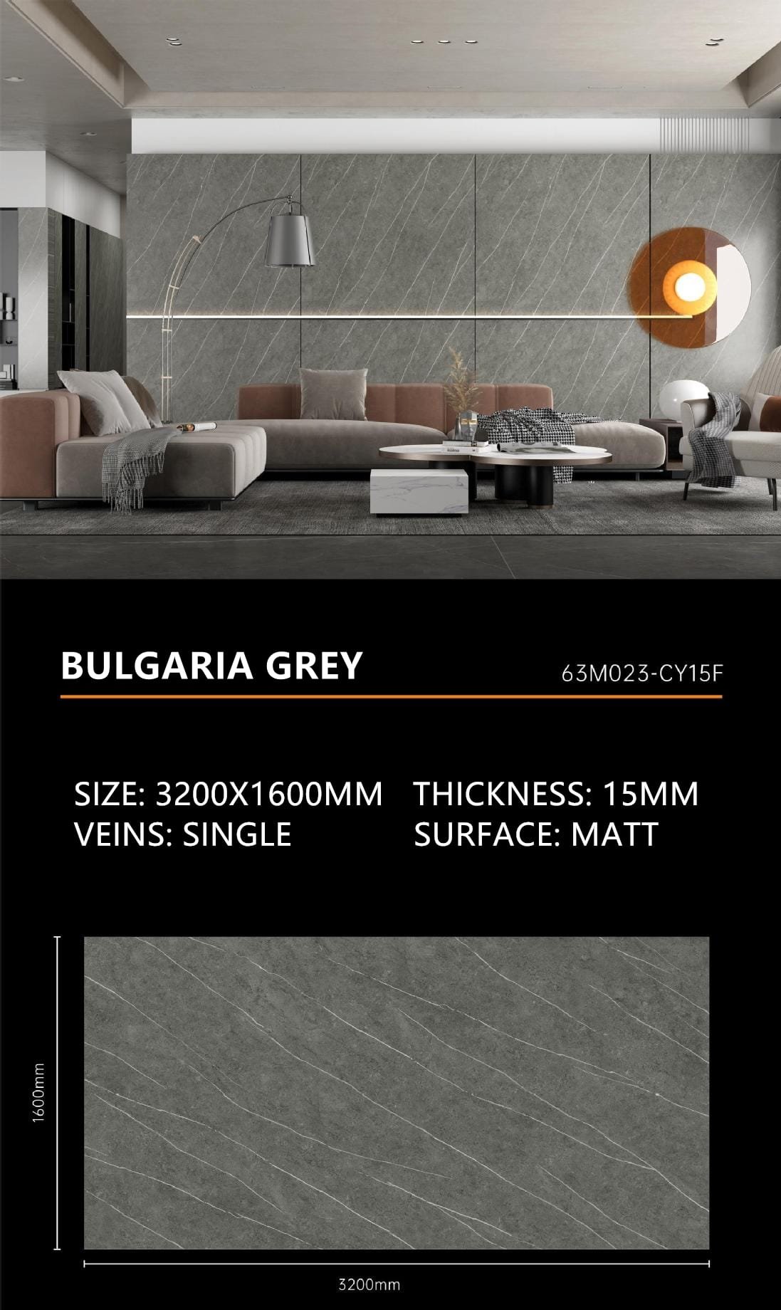14. Bulgaria Grey Sintered Stone Matt 15mm Slab