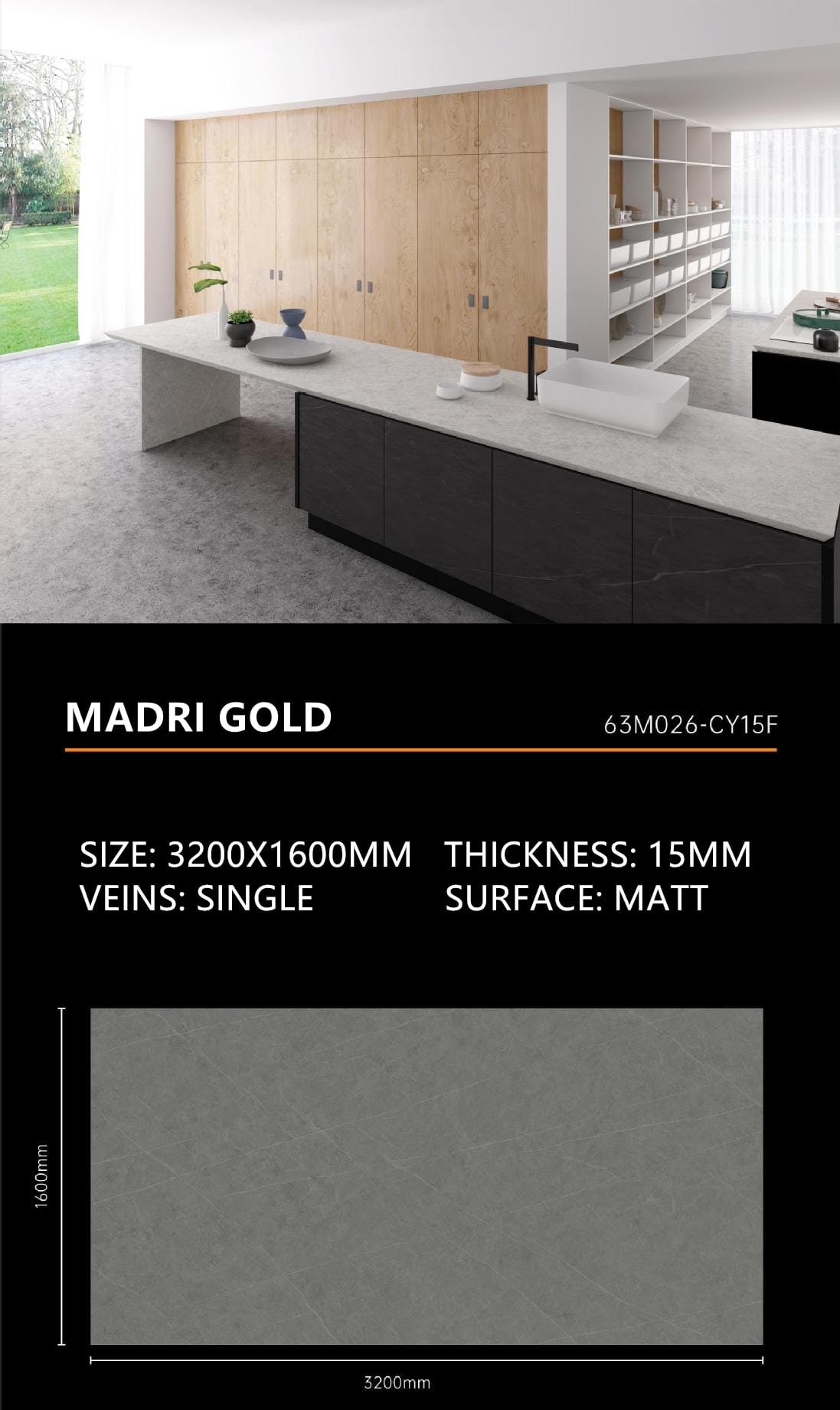 15. Madri Grey Sintered Stone Matt 15mm Slab