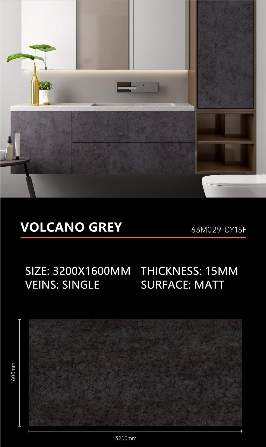16. Volcano Grey Sintered Stone Matt 15mm Slab