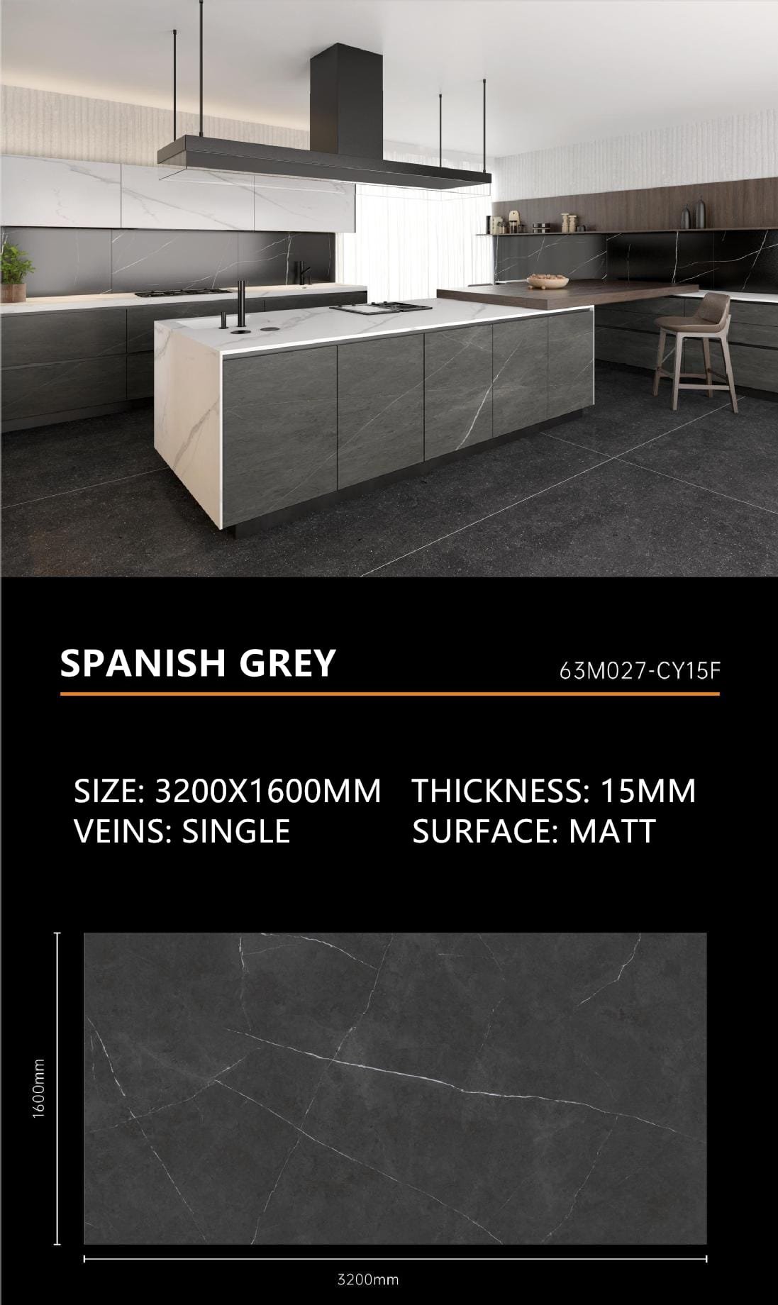 17. Spanish Grey Sintered Stone Matt 15mm Slab
