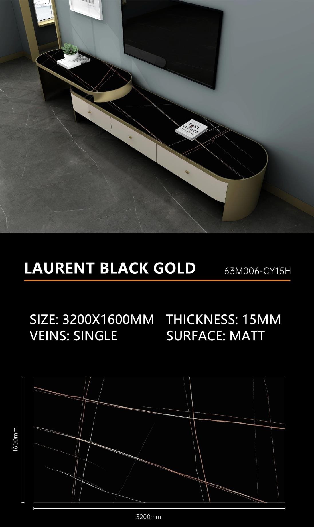 18. Laurent Black Gold Sintered Stone Matt 15mm Slab