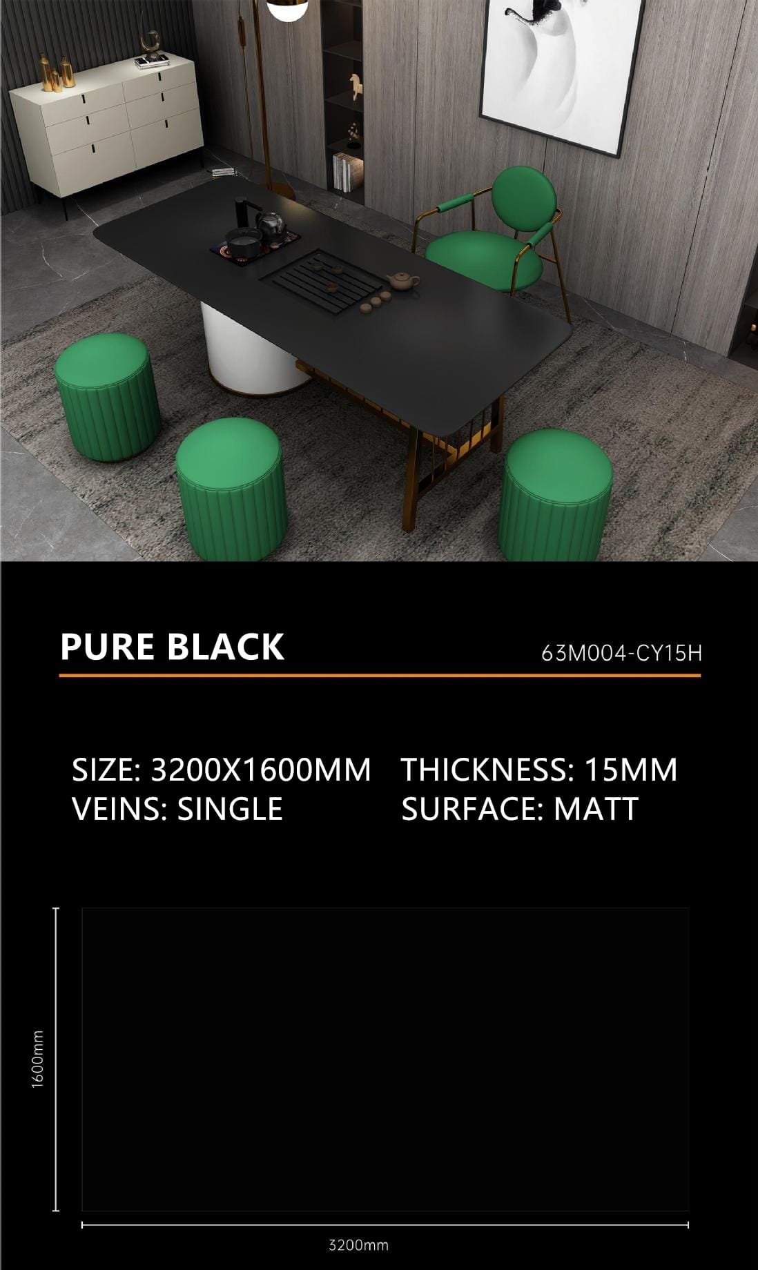 2. Pure Black Sintered Stone Matt 15mm Slab