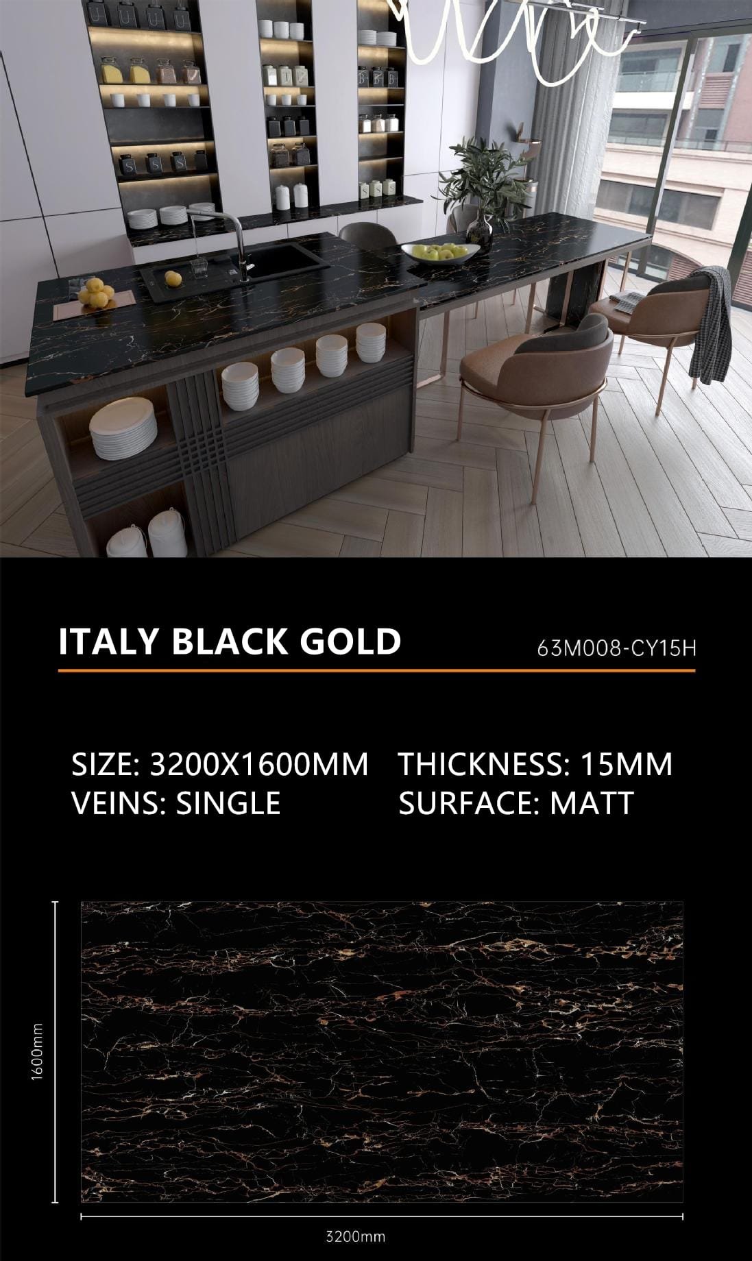 20. Italy Black Gold Sintered Stone Matt 15mm Slab