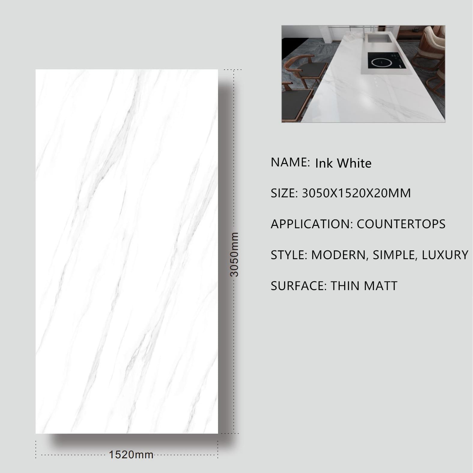 3. Ink White Sintered Stone Thin Matt 20mm