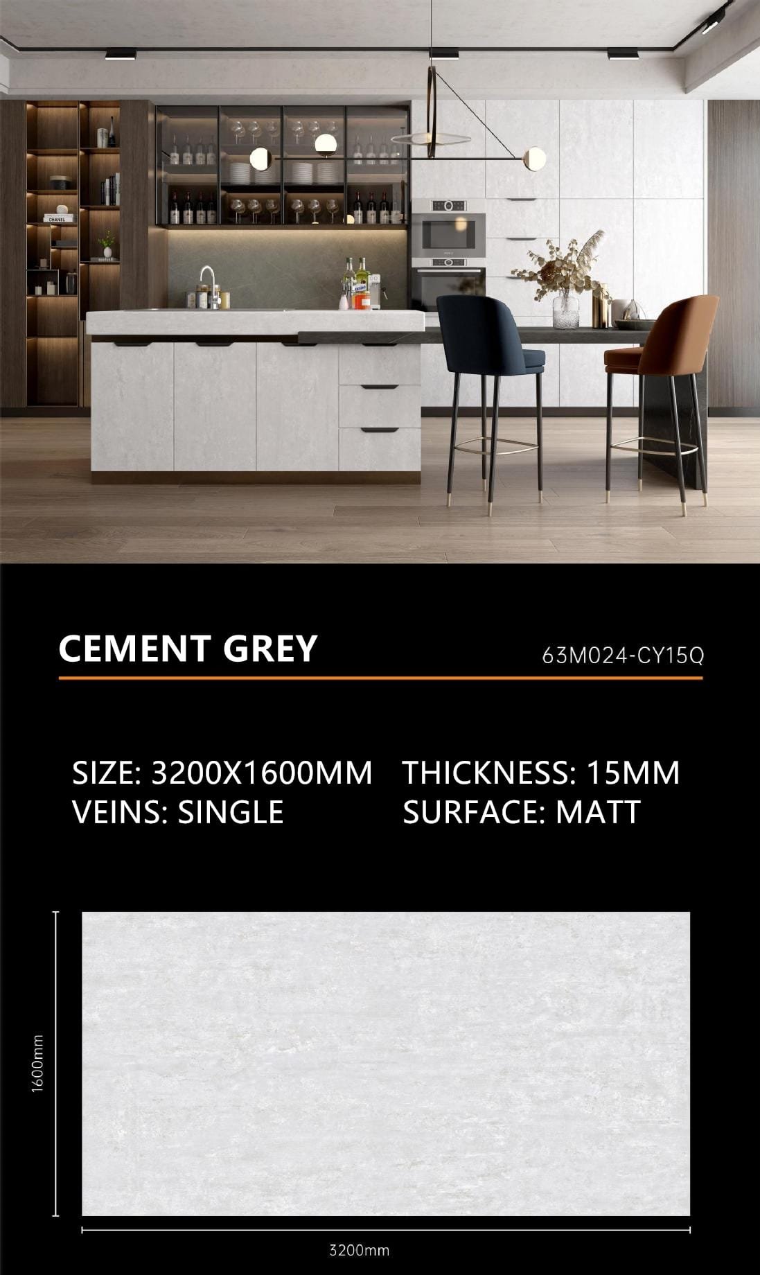 5. Cement Grey Sintered Stone Matt 15mm Slab