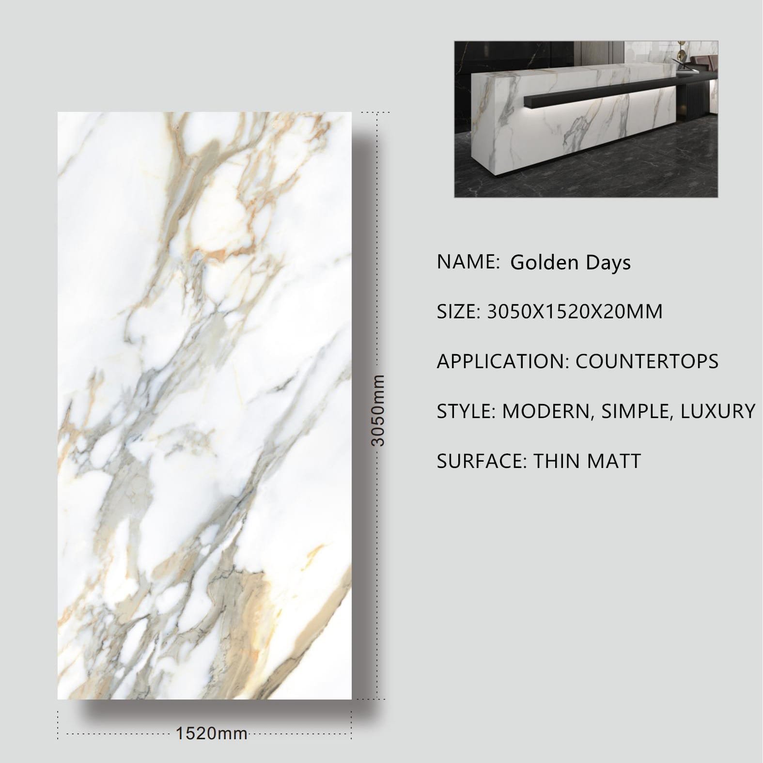 7. Golden Days Sintered Stone Thin Matt 20mm